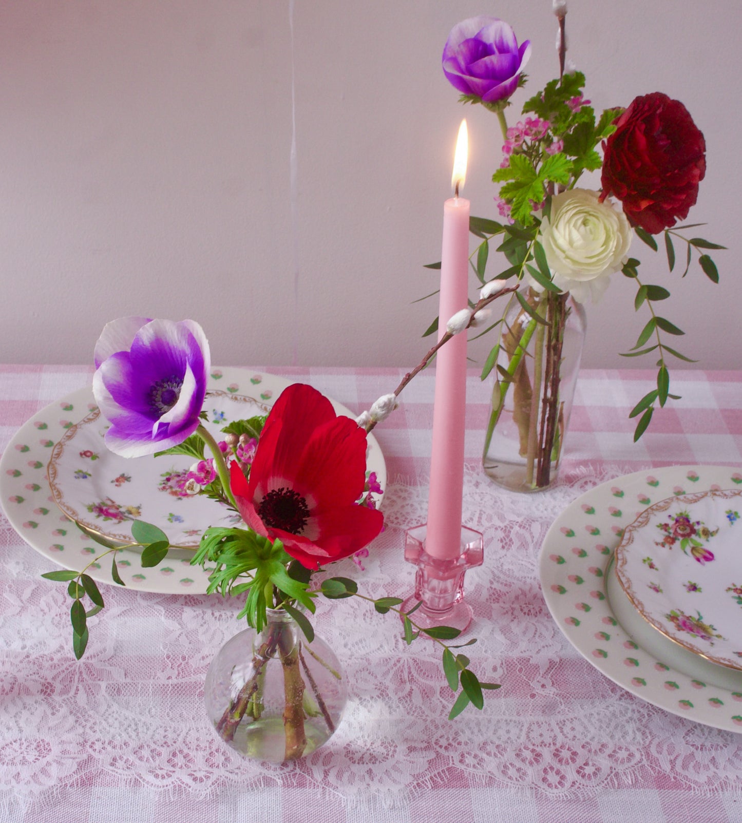 Pair of Pink Taper Candles + Candle Holders