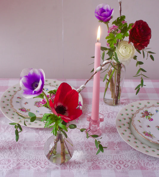 Pair of Pink Taper Candles + Candle Holders